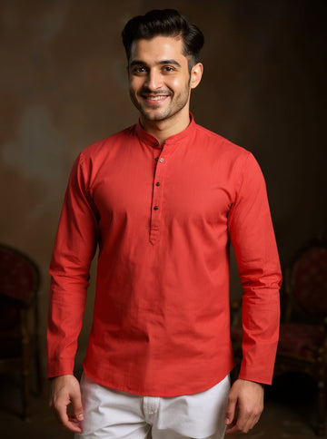 Men's Solid Cotton Regular Fit Short Kurta with Mandarin Collar and Full Sleeves - Peach