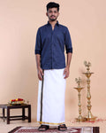 Elegant Men's Ethnic Full Sleeve Shirt & Dhoti Set with Zari Border - Blue