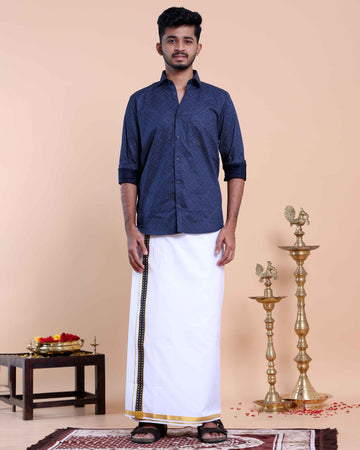 Elegant Men's Ethnic Full Sleeve Shirt & Dhoti Set with Zari Border - Blue