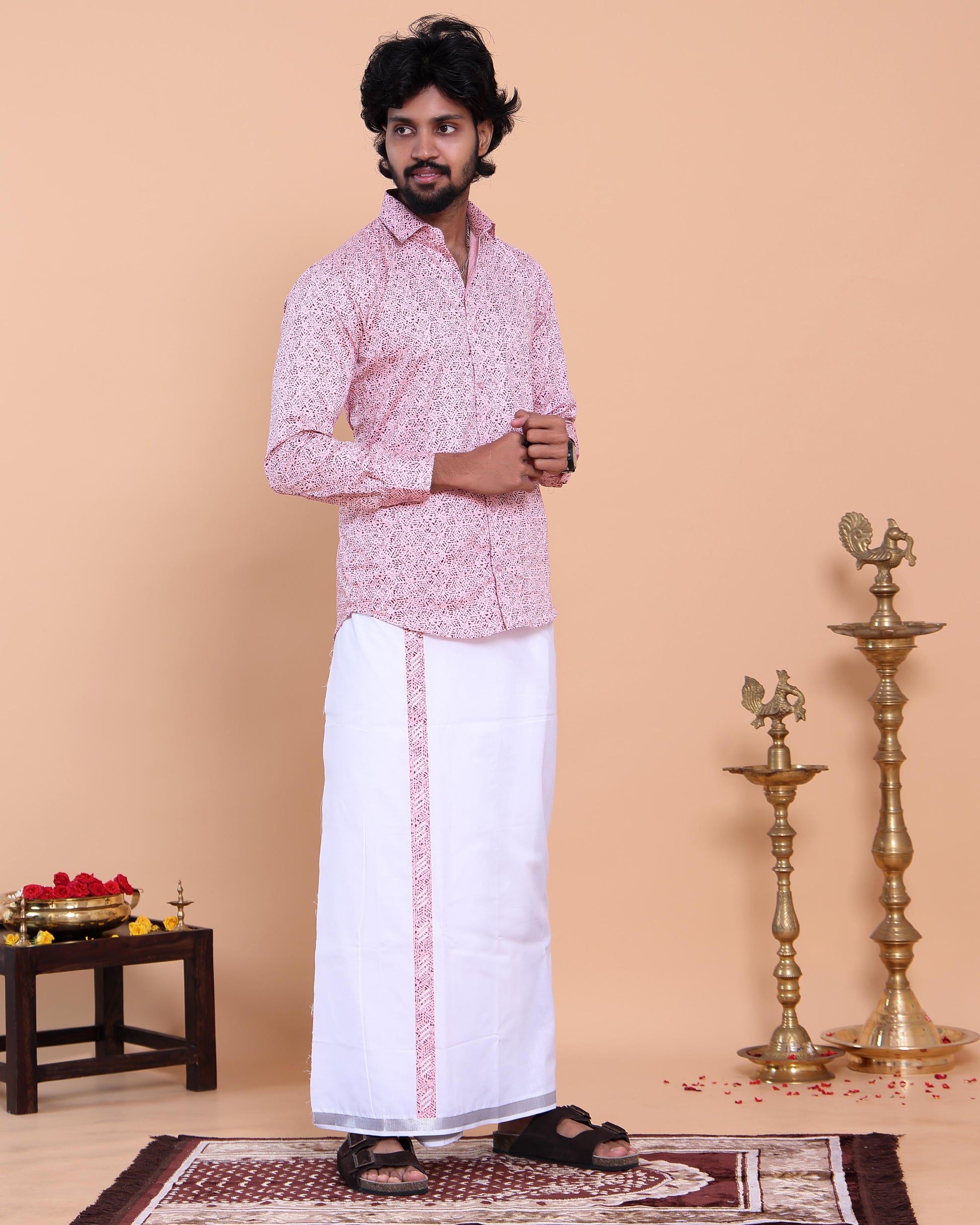 Men's Full Sleeve Shirt and Traditional Dhoti Set with Woven Border - Pink