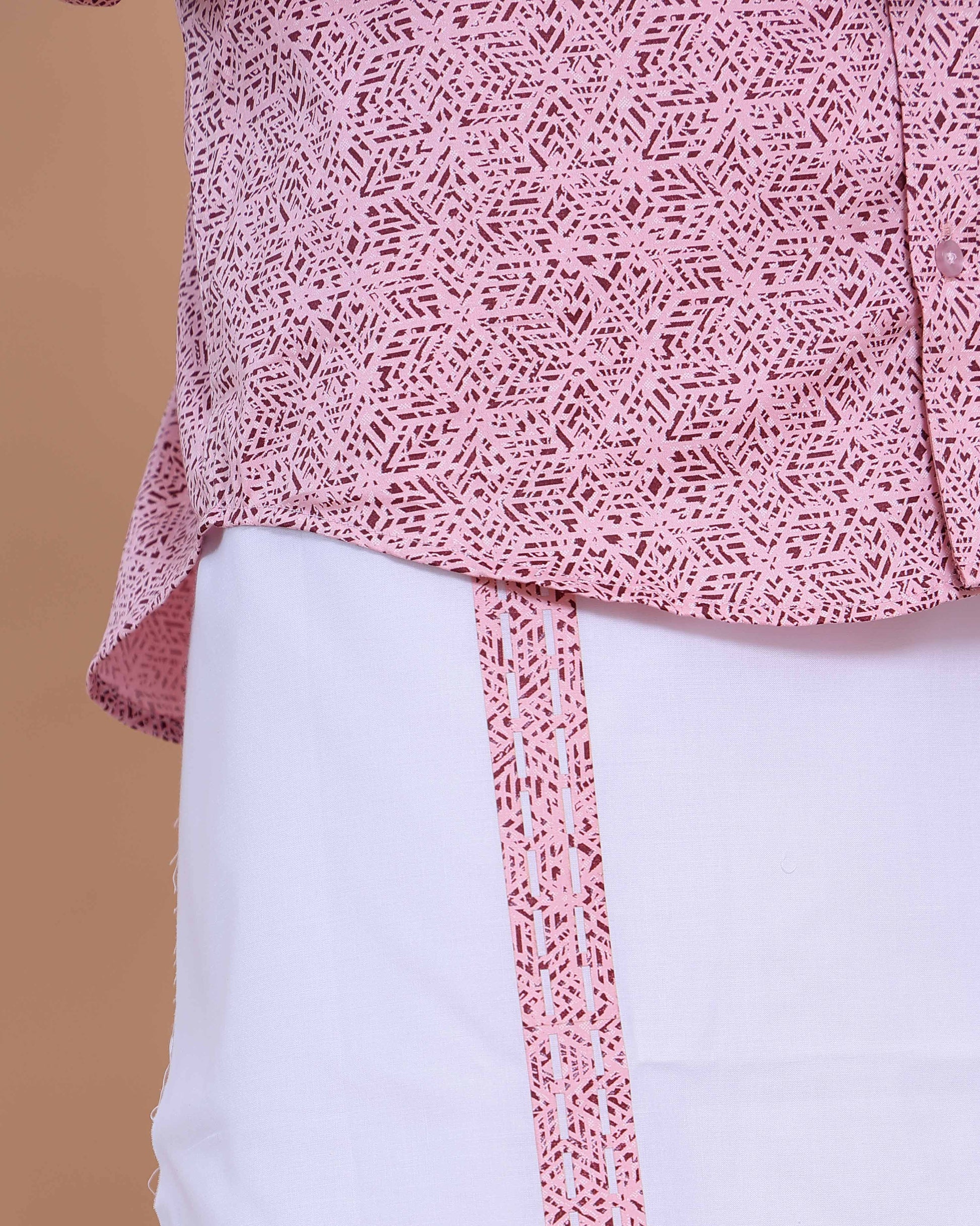 Men's Full Sleeve Shirt and Traditional Dhoti Set with Woven Border - Pink
