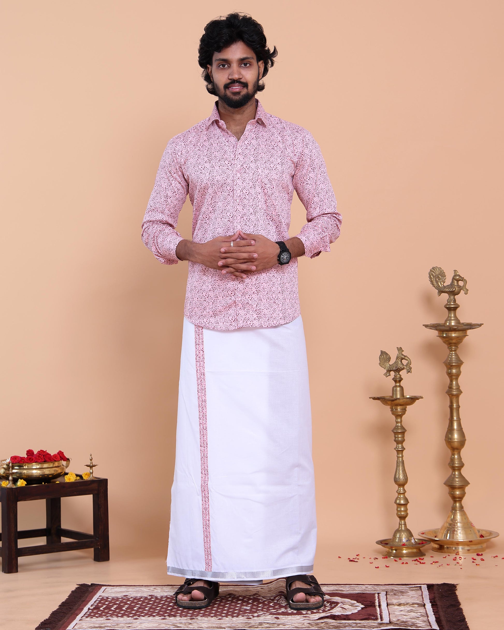 Men's Full Sleeve Shirt and Traditional Dhoti Set with Woven Border - Pink