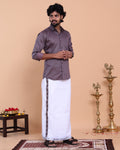 Men's Full Sleeve Shirt and Traditional Dhoti Set with Woven Border - Purple