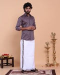 Men's Full Sleeve Shirt and Traditional Dhoti Set with Woven Border - Purple