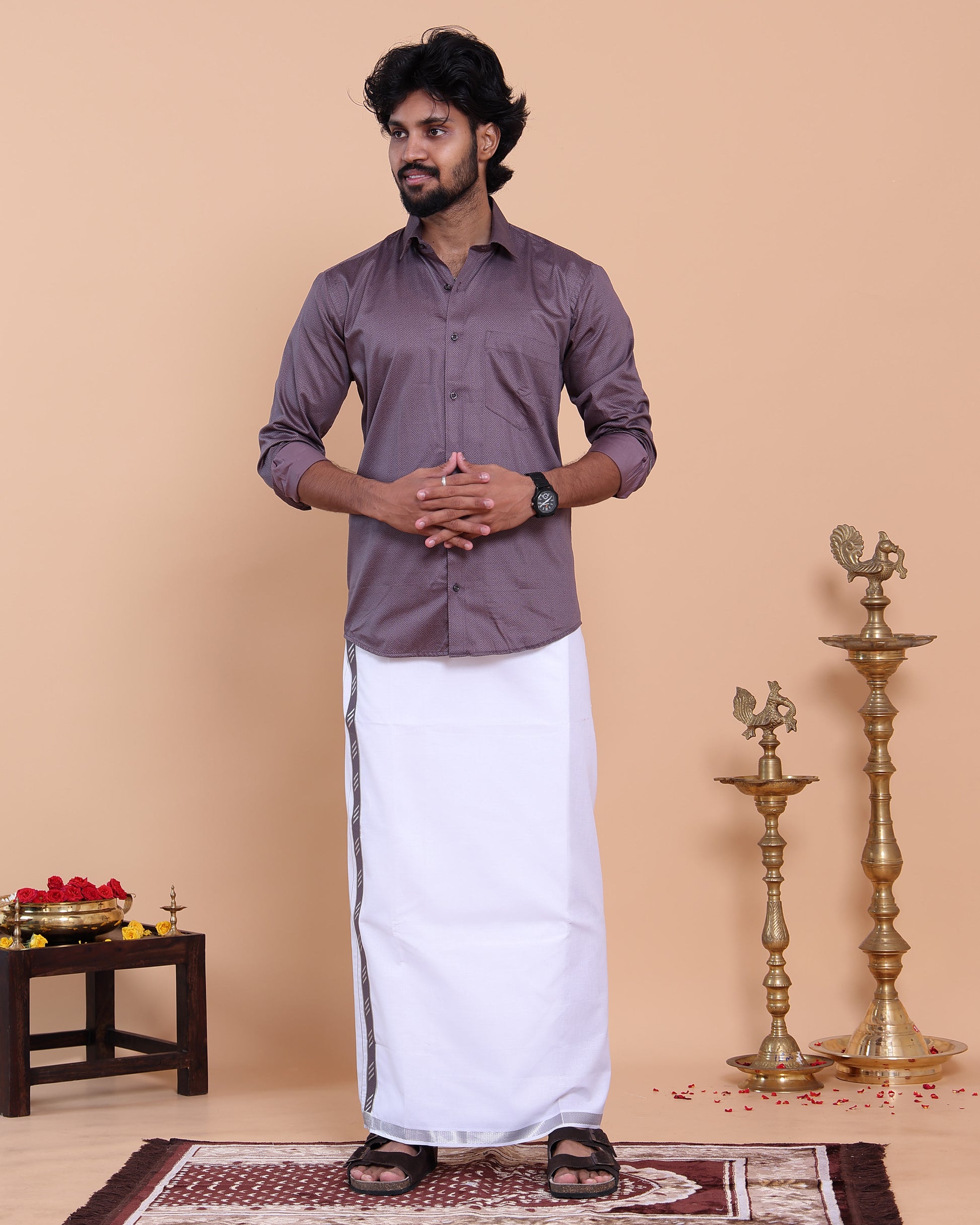 Men's Full Sleeve Shirt and Traditional Dhoti Set with Woven Border - Purple