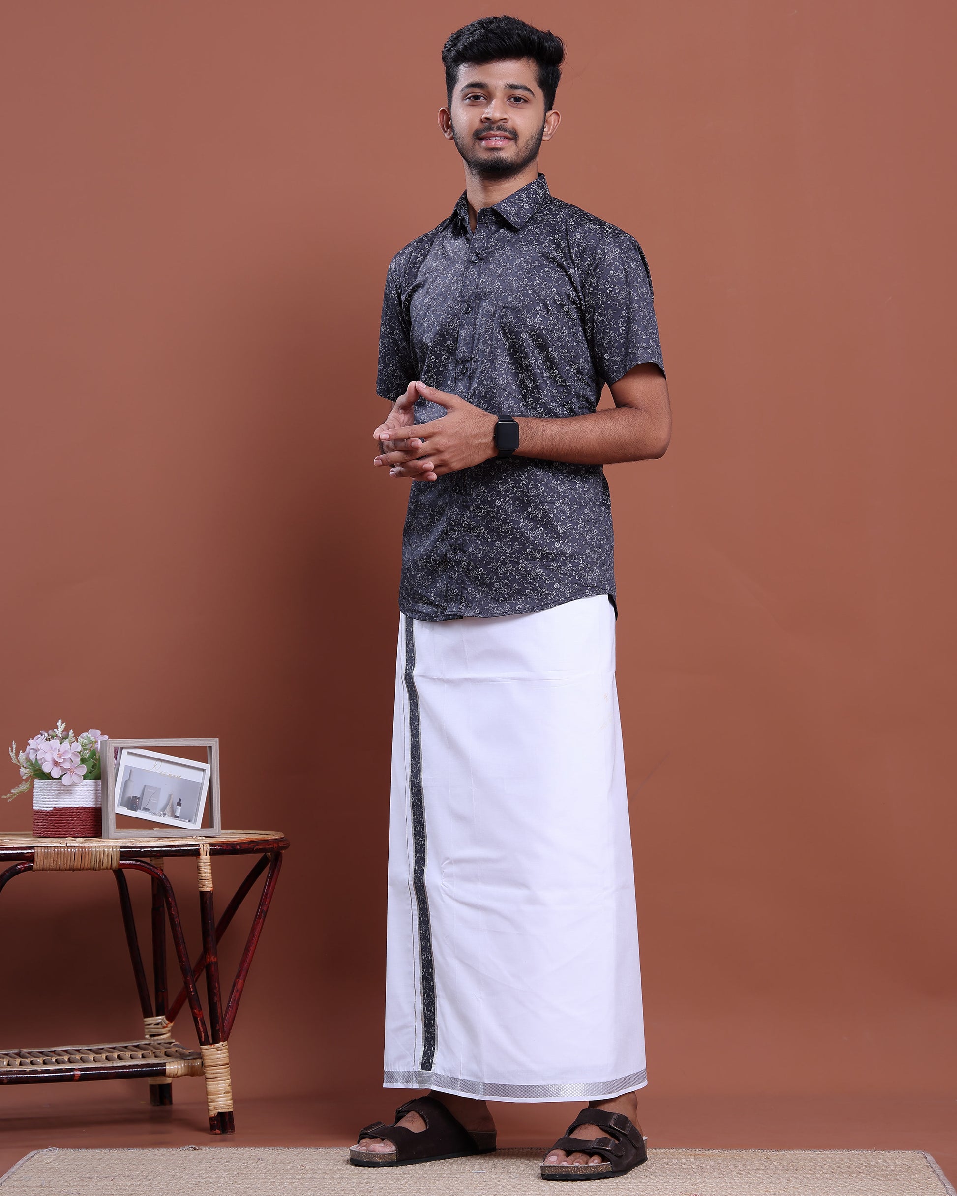 Men's Half Sleeve Shirt and Traditional Dhoti Set with Designer Border - Navy Blue