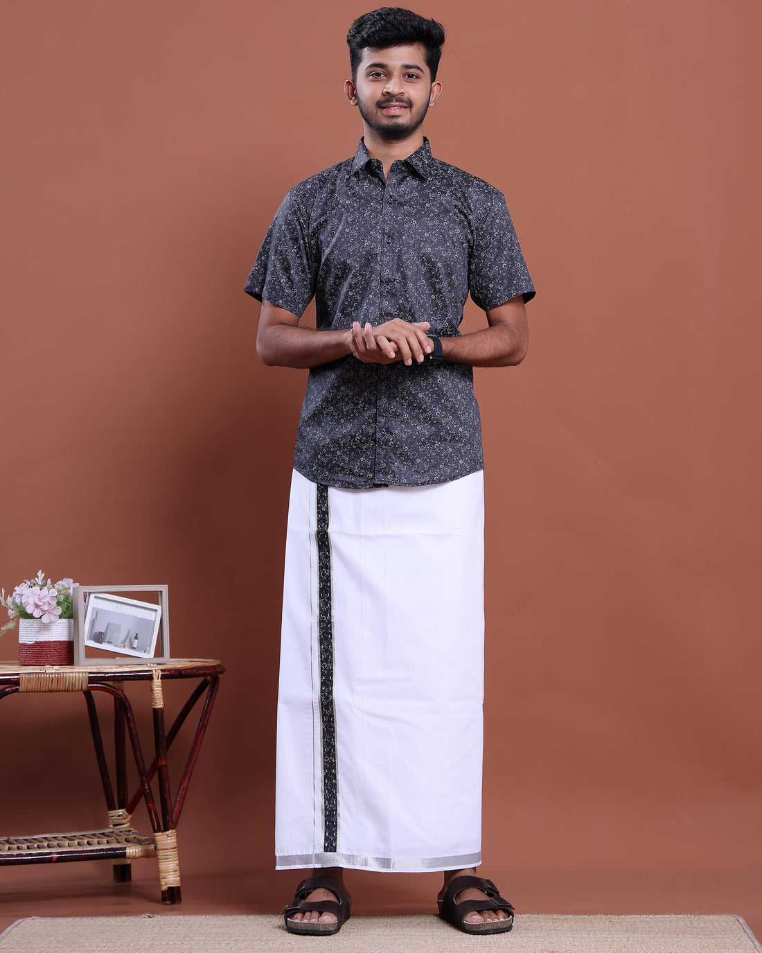 Men's Half Sleeve Shirt and Traditional Dhoti Set with Designer Border - Navy Blue