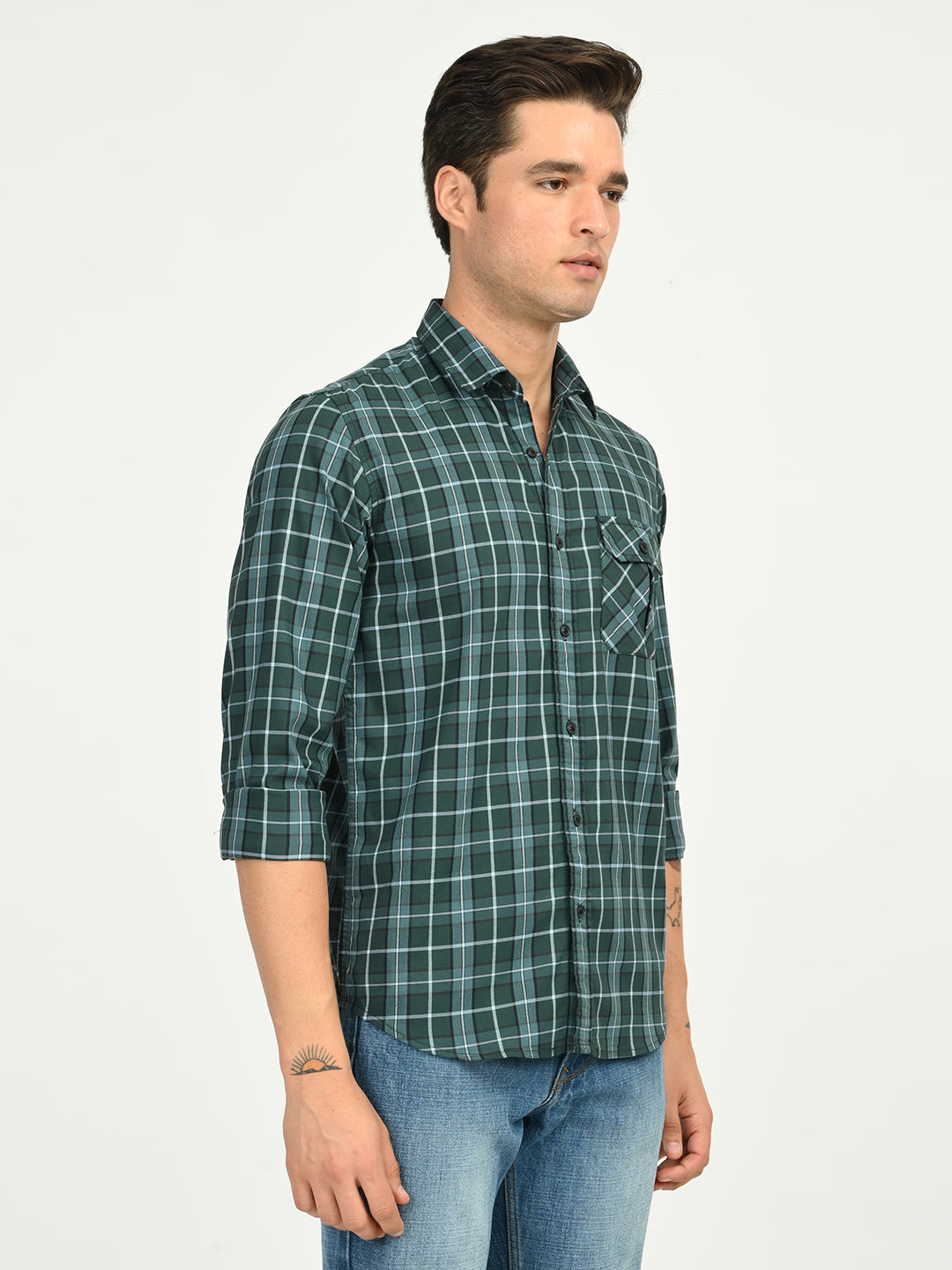 Men’s Native Bull Men's Classic Checkered Slim Fit Casual Shirt with Patch Pocket - Green