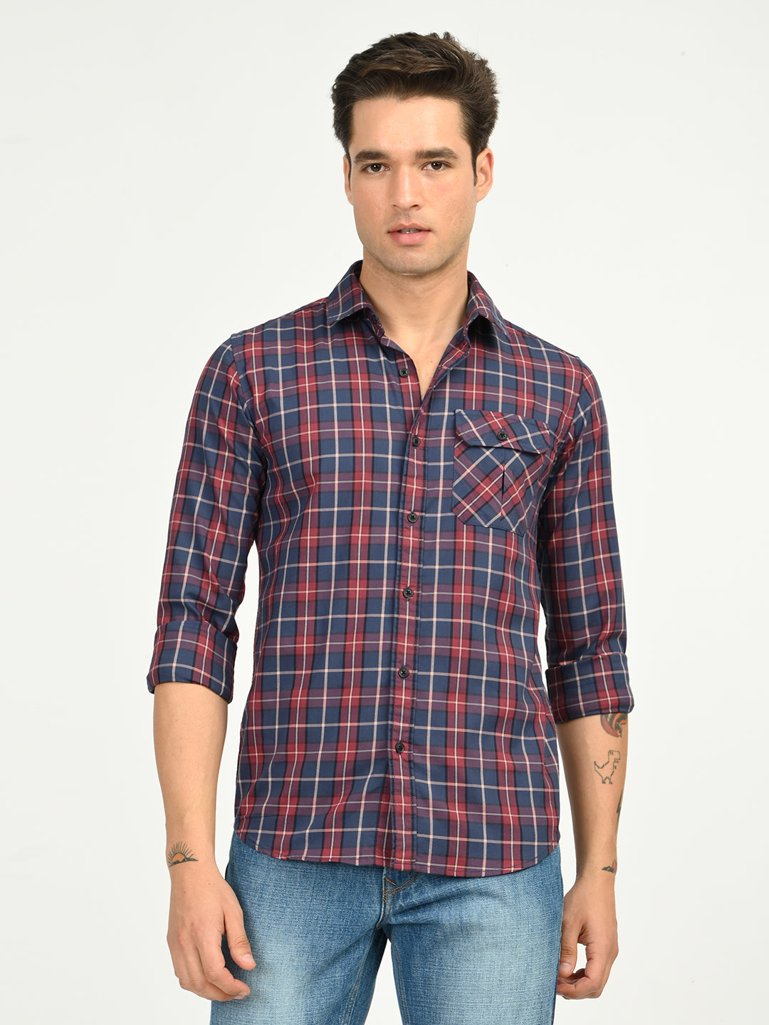 Men’s Native Bull Men's Classic Checkered Slim Fit Casual Shirt with Patch Pocket - Multi