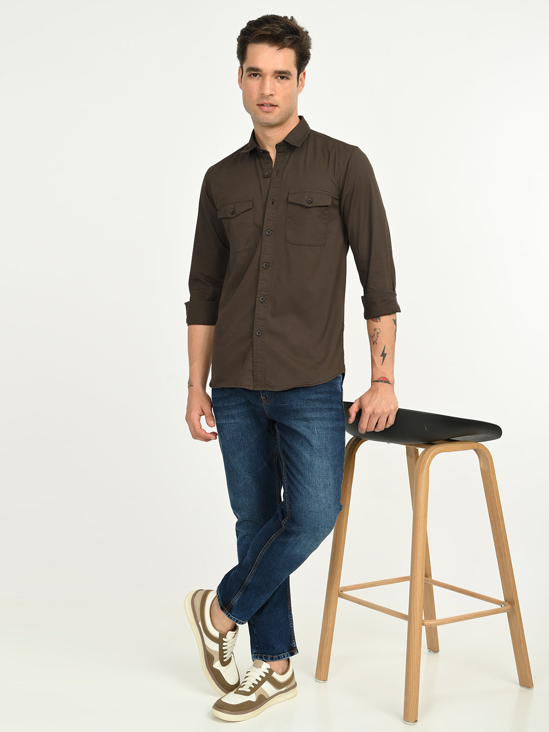 Men’s Native Bull Solid Double Pocket Casual Shirt with Full Sleeves and Button Down Collar - Brown