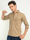 Men’s Native Bull Solid Double Pocket Casual Shirt with Full Sleeves and Button Down Collar - Light Brown