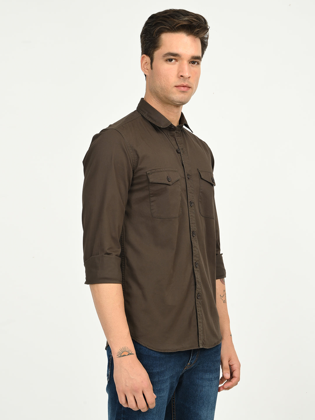 Men’s Native Bull Solid Double Pocket Casual Shirt with Full Sleeves and Button Down Collar - Brown