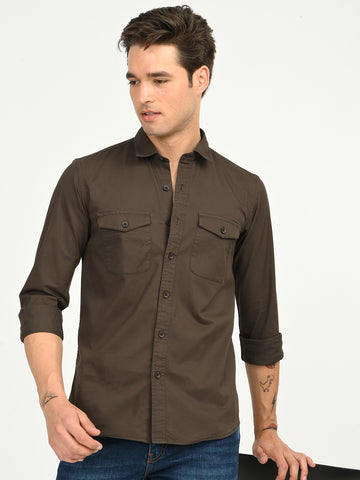 Men’s Native Bull Solid Double Pocket Casual Shirt with Full Sleeves and Button Down Collar - Brown