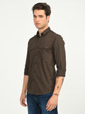 Men’s Native Bull Solid Double Pocket Casual Shirt with Full Sleeves and Button Down Collar - Brown