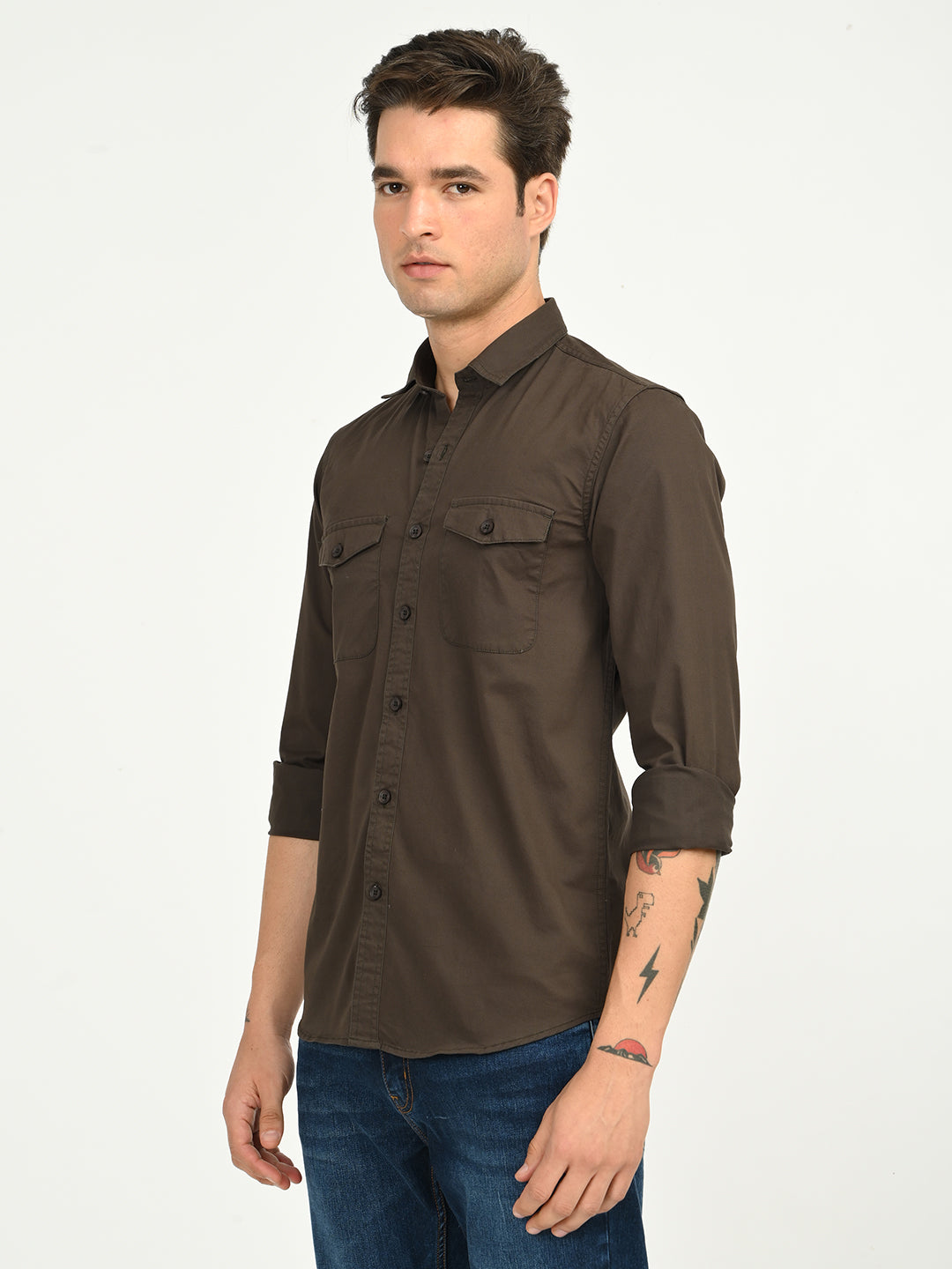 Men’s Native Bull Solid Double Pocket Casual Shirt with Full Sleeves and Button Down Collar - Brown