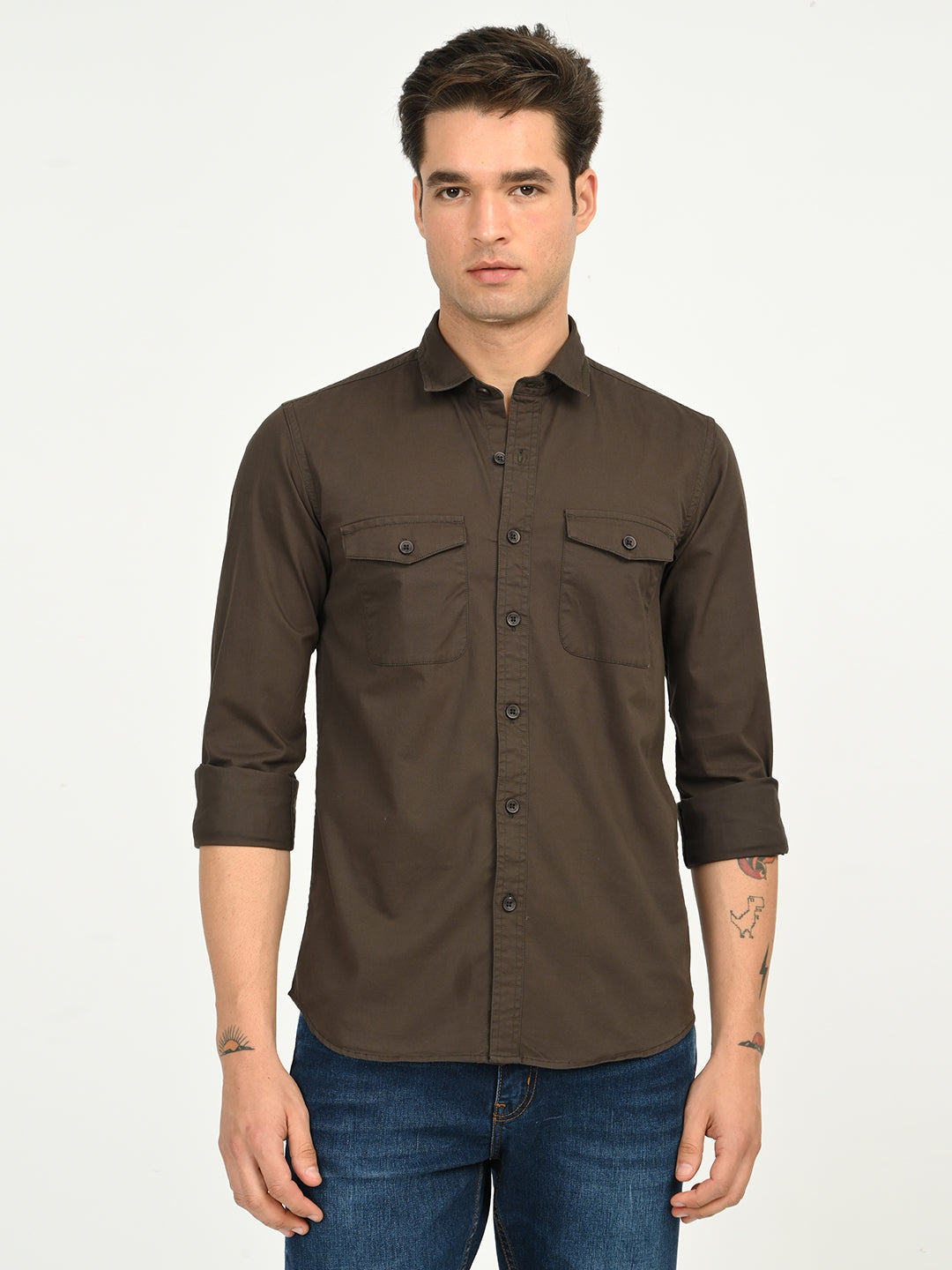 Men’s Native Bull Solid Double Pocket Casual Shirt with Full Sleeves and Button Down Collar - Brown