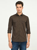 Men’s Native Bull Solid Double Pocket Casual Shirt with Full Sleeves and Button Down Collar - Brown