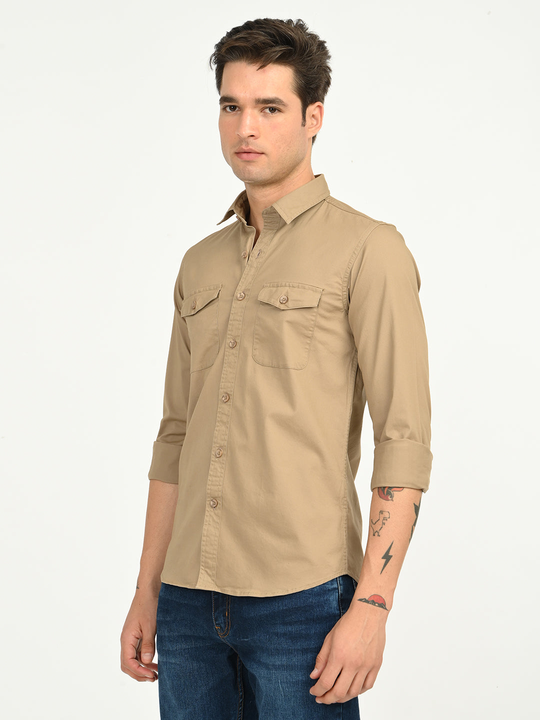 Men’s Native Bull Solid Double Pocket Casual Shirt with Full Sleeves and Button Down Collar - Light Brown