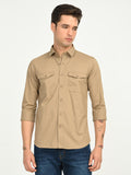 Men’s Native Bull Solid Double Pocket Casual Shirt with Full Sleeves and Button Down Collar - Light Brown