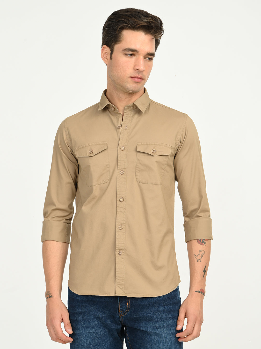 Men’s Native Bull Solid Double Pocket Casual Shirt with Full Sleeves and Button Down Collar - Light Brown
