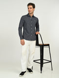 Men’s Native Bull Striped Casual Shirt with Full Sleeves and Button Down Collar - Black