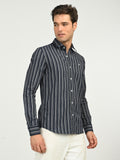 Men’s Native Bull Striped Casual Shirt with Full Sleeves and Button Down Collar - Black