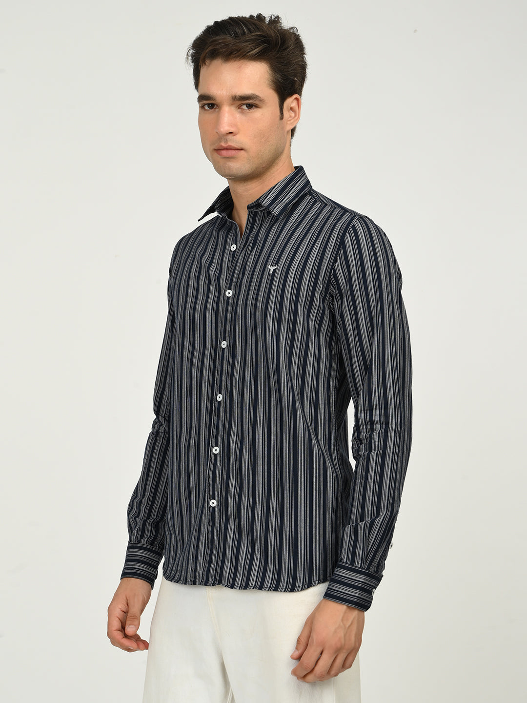 Men’s Native Bull Striped Casual Shirt with Full Sleeves and Button Down Collar - Black