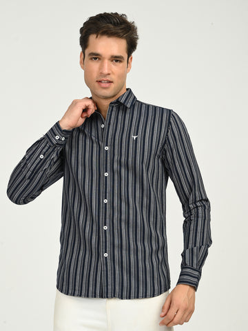 Men’s Native Bull Striped Casual Shirt with Full Sleeves and Button Down Collar - Black