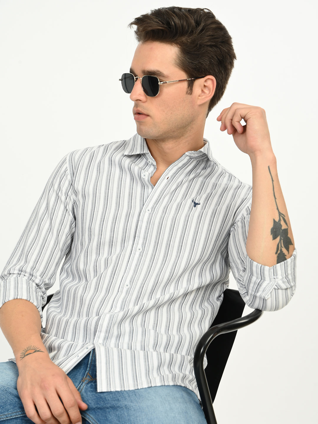 Men’s Native Bull Striped Slim Fit Casual Shirt with Long Sleeves - Off White