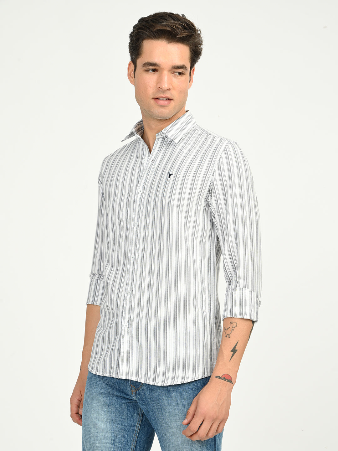 Men’s Native Bull Striped Slim Fit Casual Shirt with Long Sleeves - Off White