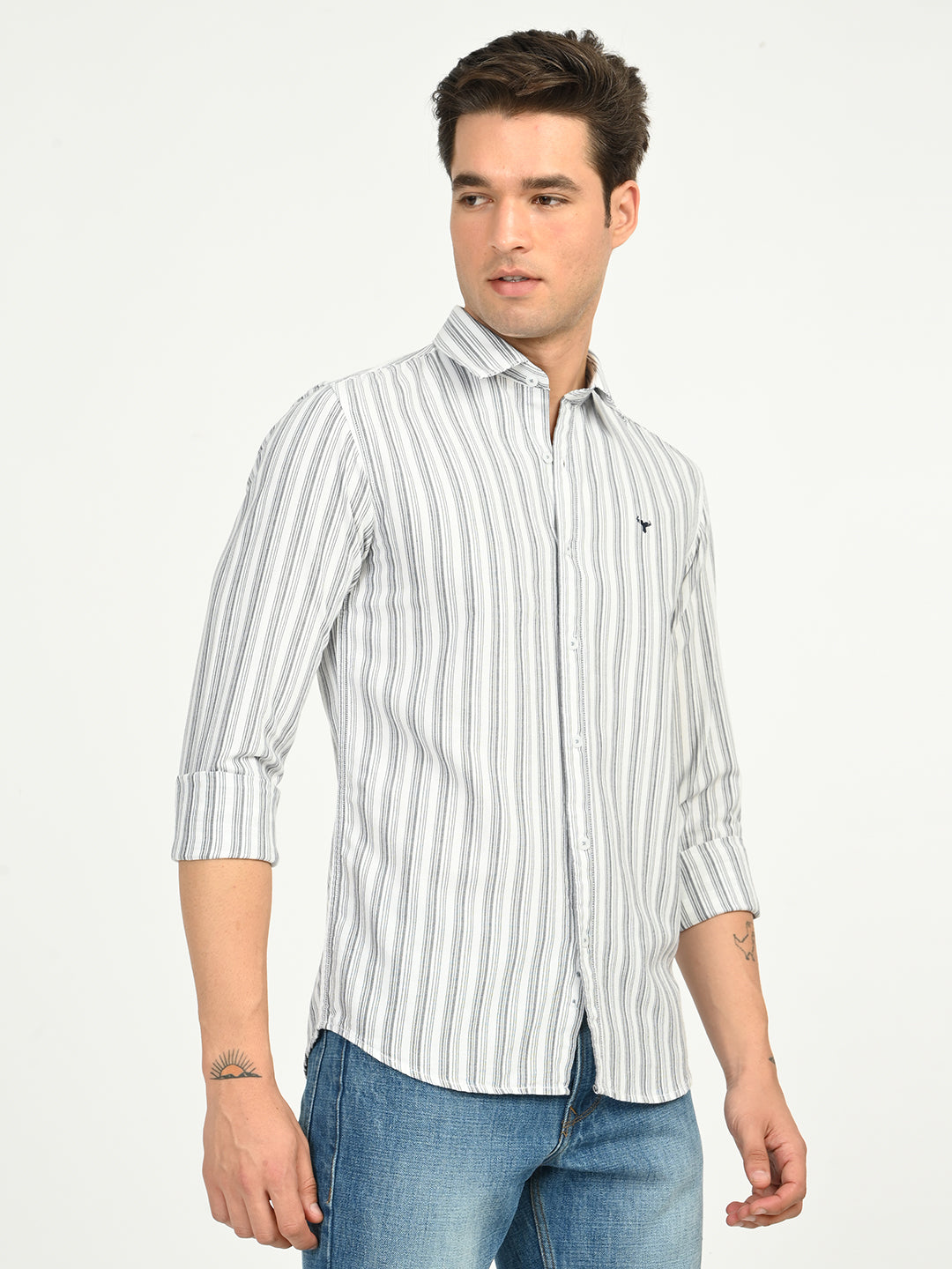 Men’s Native Bull Striped Slim Fit Casual Shirt with Long Sleeves - Off White