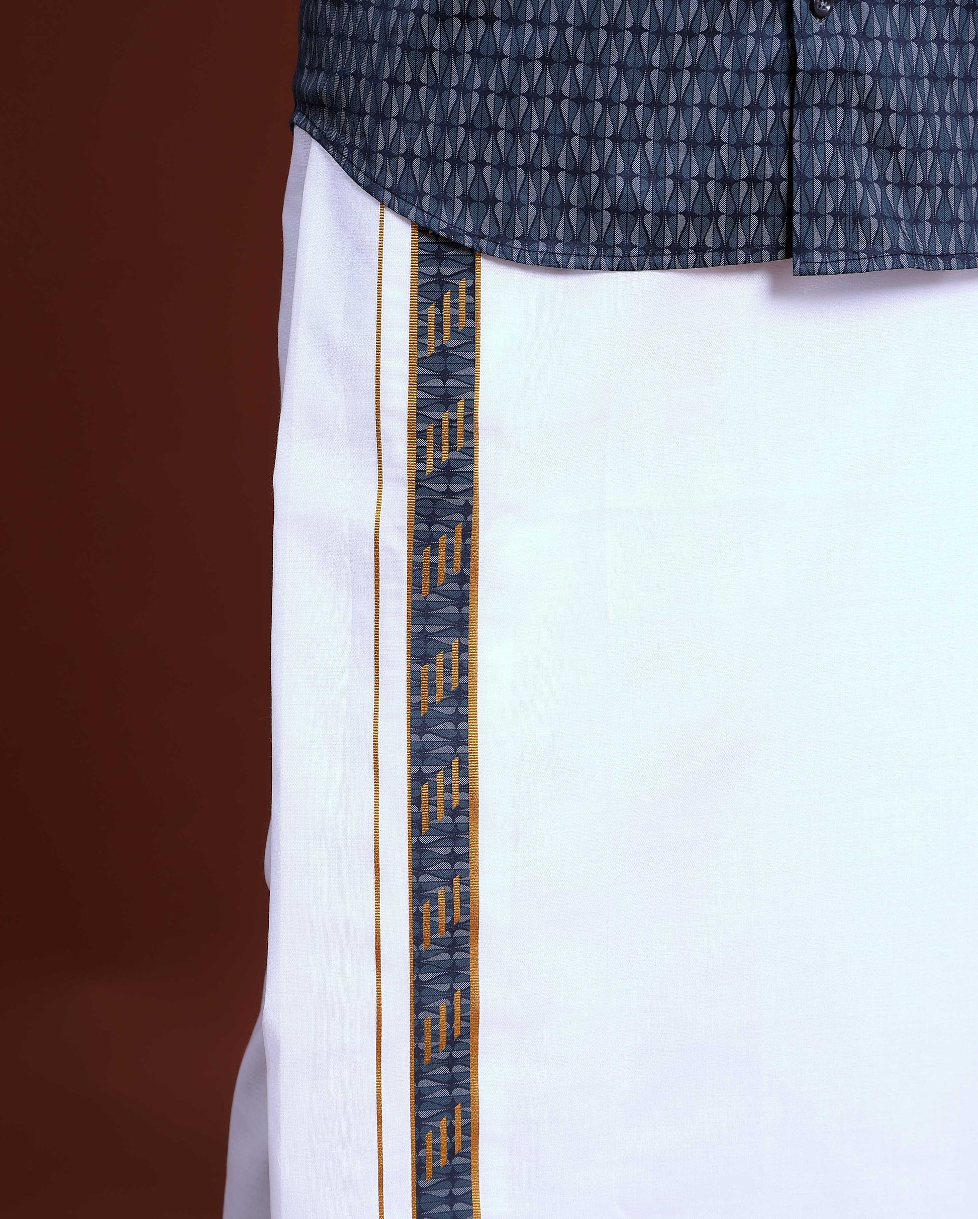 Men's Printed Full Sleeve Shirt and Traditional Dhoti Set with Designer Border - Blue