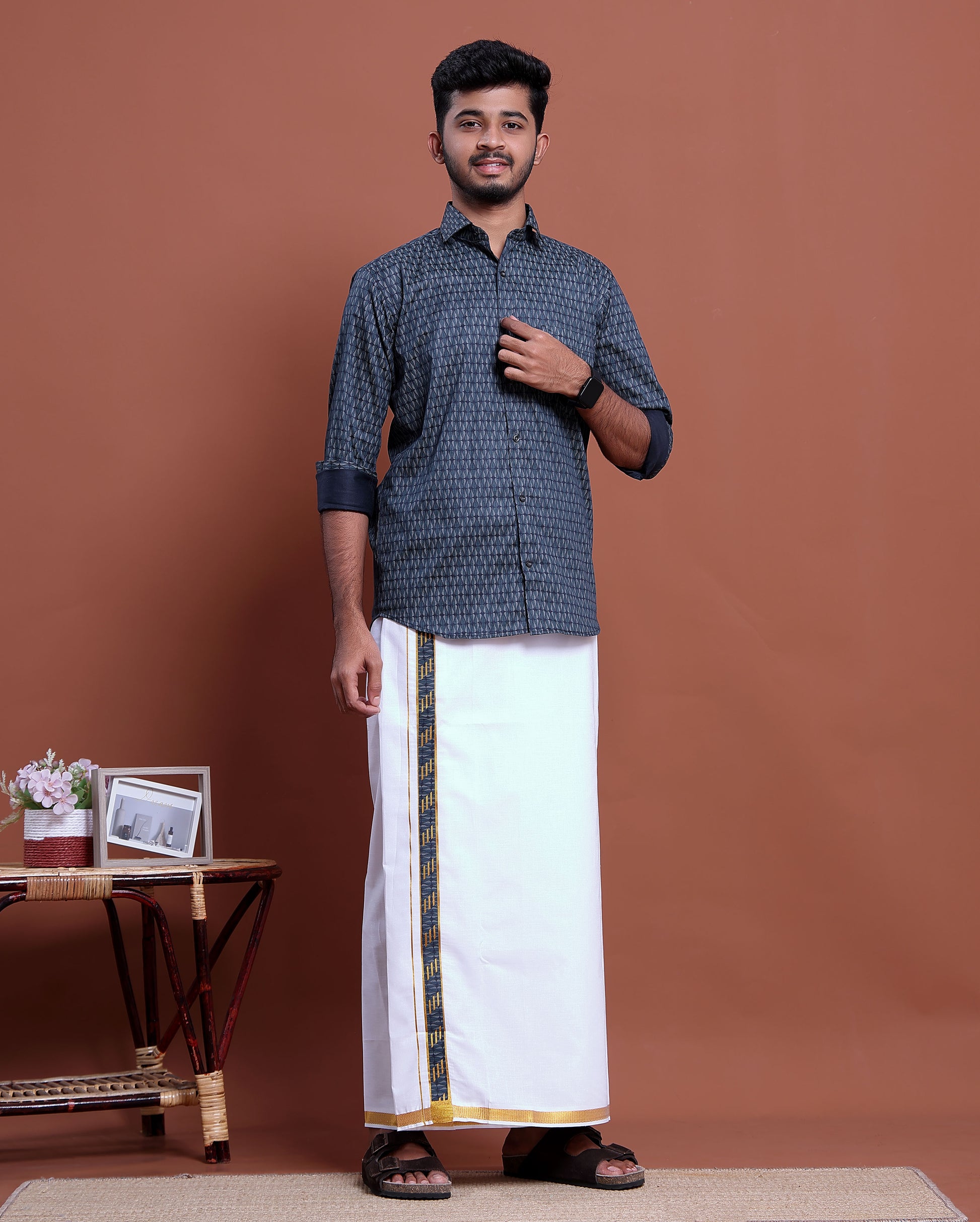 Men's Printed Full Sleeve Shirt and Traditional Dhoti Set with Designer Border - Blue