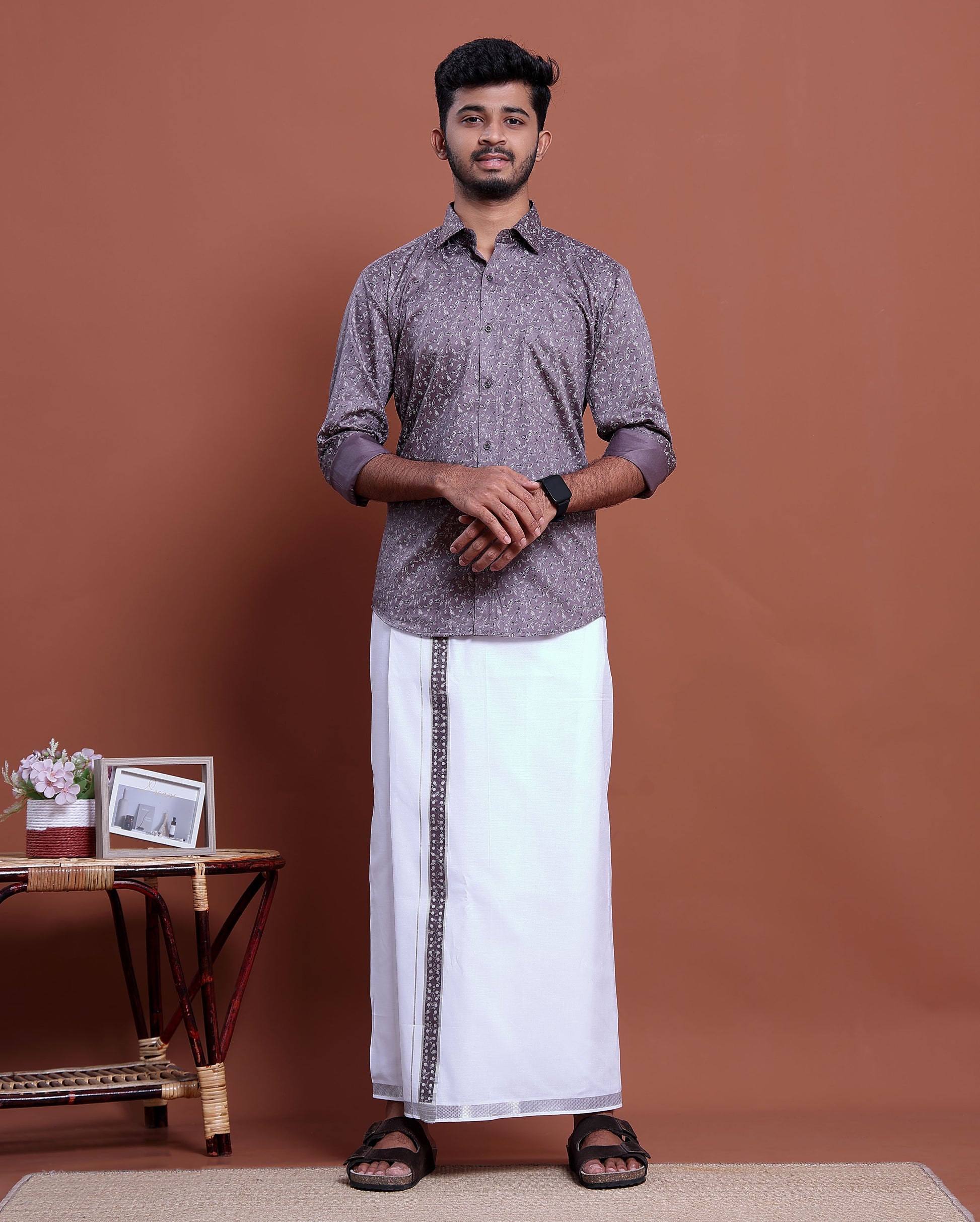 Men's Printed Full Sleeve Shirt and Traditional Dhoti Set with Designer Border - Purple