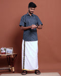 Men's Printed Half Sleeve Shirt and Traditional Dhoti Set with Designer Border - Blue