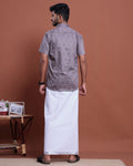 Men's Printed Half Sleeve Shirt and Traditional Dhoti Set with Designer Border - Purple
