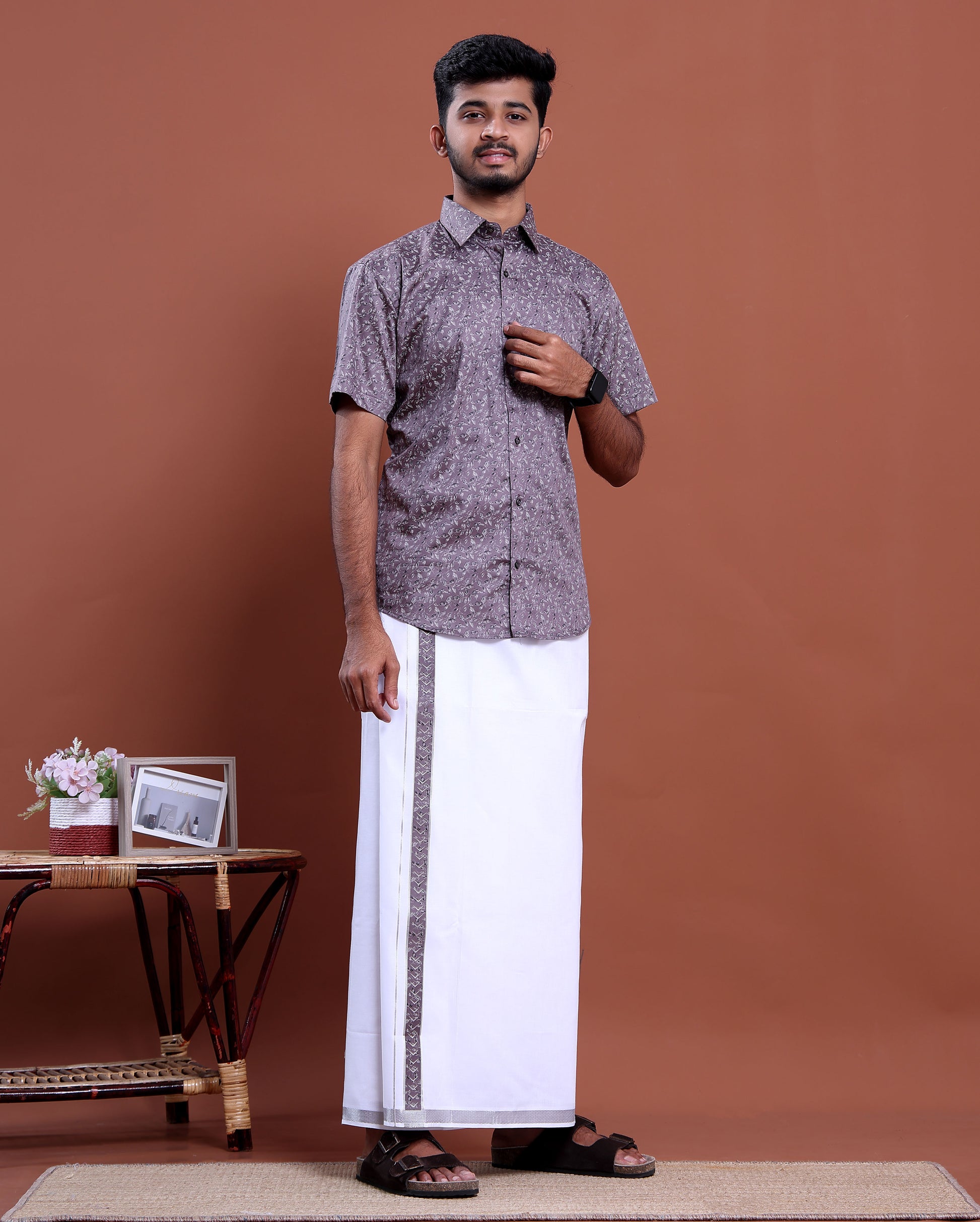 Men's Printed Half Sleeve Shirt and Traditional Dhoti Set with Designer Border - Purple