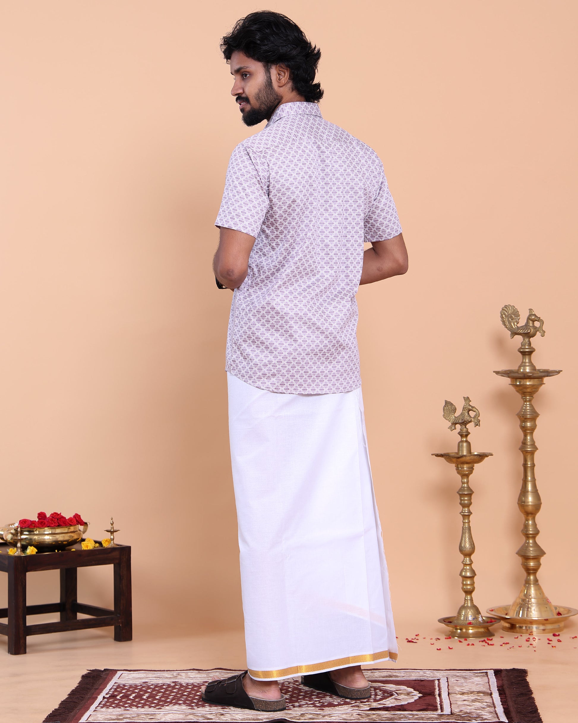 Men's Printed Shirt and Traditional Dhoti Set with Elegant Zari Border - Lavender