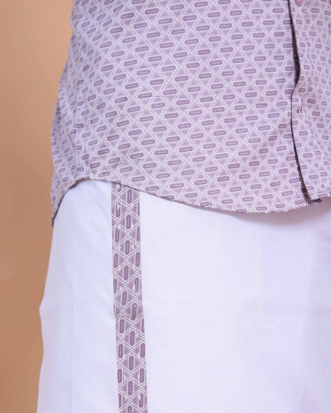 Men's Printed Shirt and Traditional Dhoti Set with Elegant Zari Border - Lavender