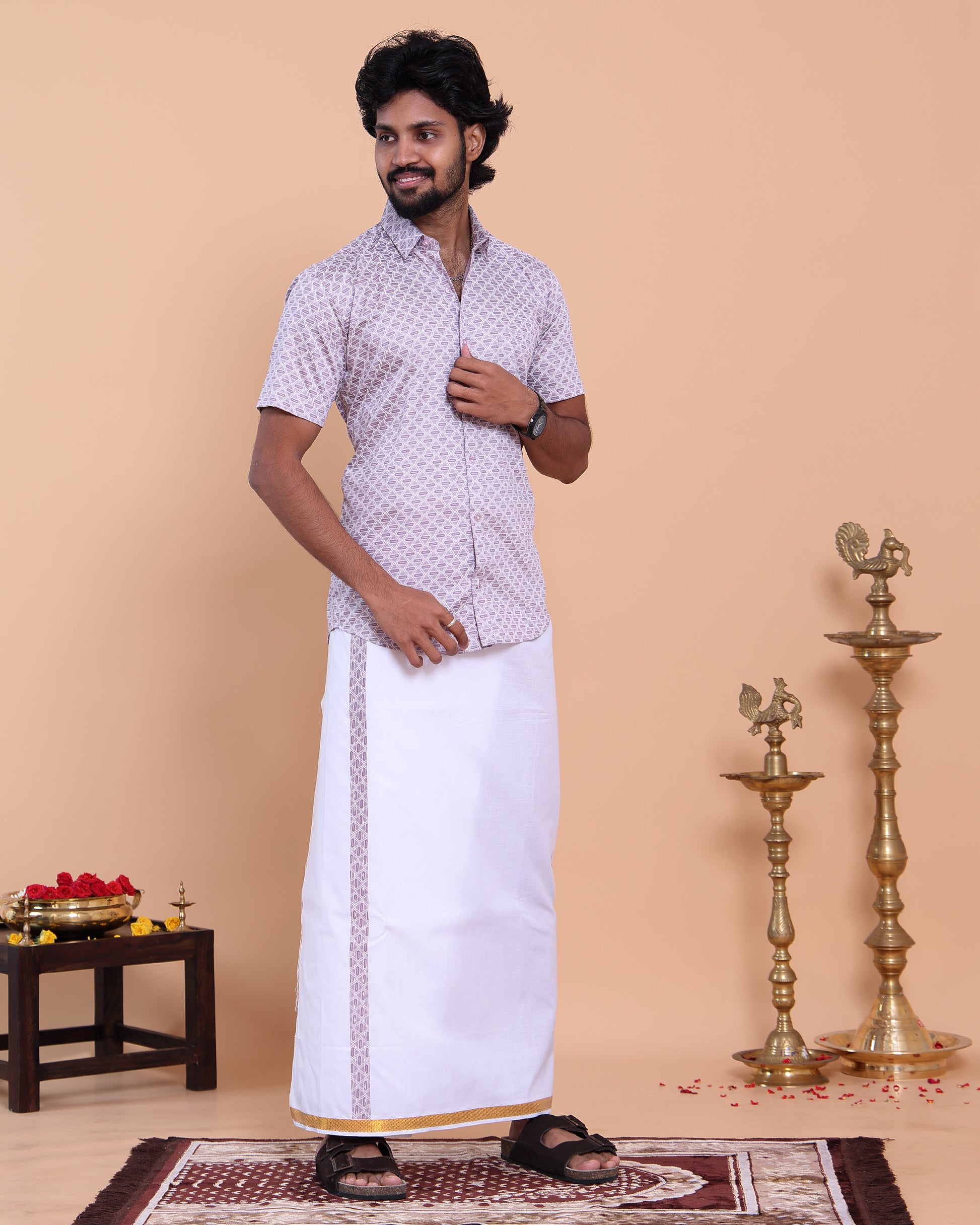 Men's Printed Shirt and Traditional Dhoti Set with Elegant Zari Border - Lavender