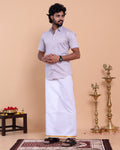 Men's Printed Shirt and Traditional Dhoti Set with Elegant Zari Border - Lavender