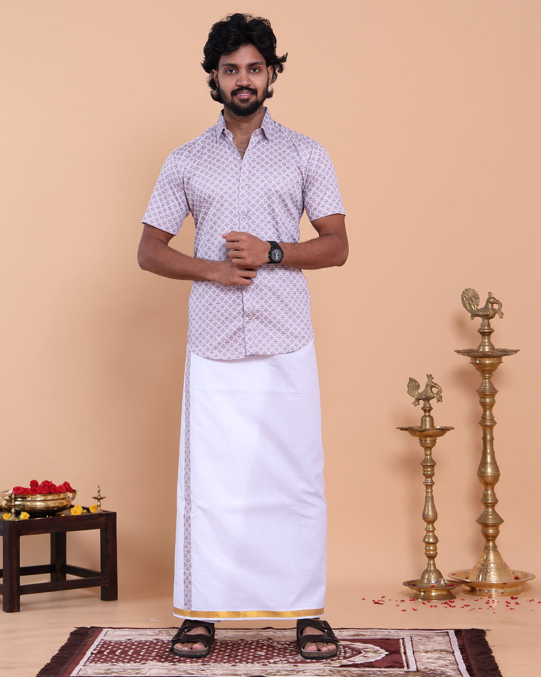 Men's Printed Shirt and Traditional Dhoti Set with Elegant Zari Border - Lavender