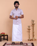 Men's Printed Shirt and Traditional Dhoti Set with Elegant Zari Border - Lavender