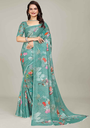 Elegant Linen Cotton Saree with Floral Prints - Green