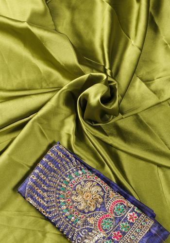 Parrot Green Colour Satin Saree With Embroidered Blouse Piece