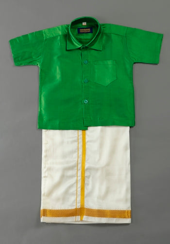 Parrot Green Colour Silk Cotton Dhoti & Shirt Set
