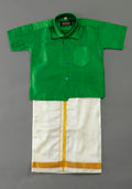 Parrot Green Colour Silk Cotton Dhoti & Shirt Set
