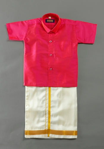Pink Colour Silk Cotton Dhoti & Shirt Set