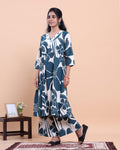 Womens Printed A-Line Kurta and Palazzo Set with V-Neck and 3/4 Sleeves - Teal