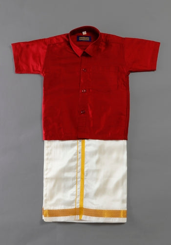 Red Colour Silk Cotton Dhoti & Shirt Set